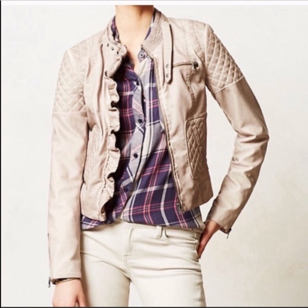 Anthropologie Light Beige Leather Ruffle-Trim Jacket